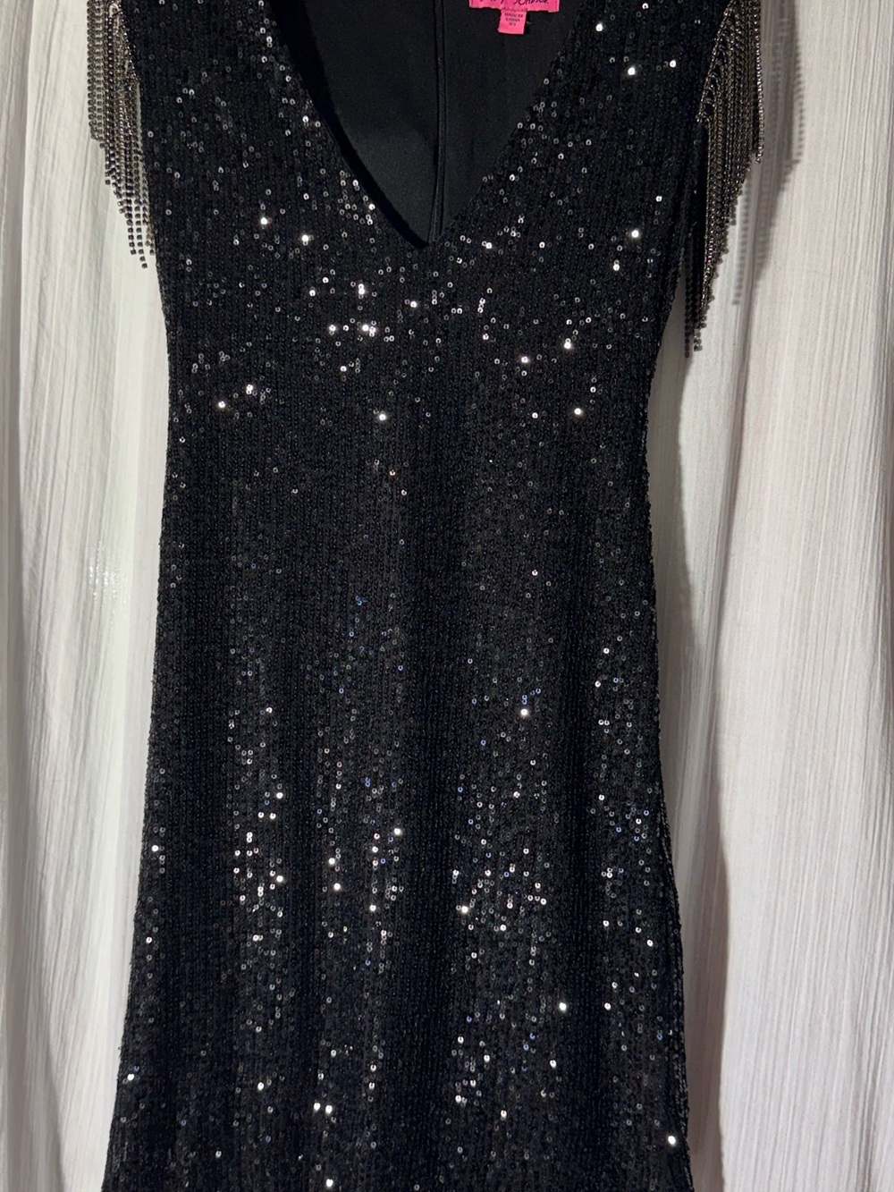 Betsey Johnson Black Sequin Zip-Front Top shoulder fringe cocktail dress xs